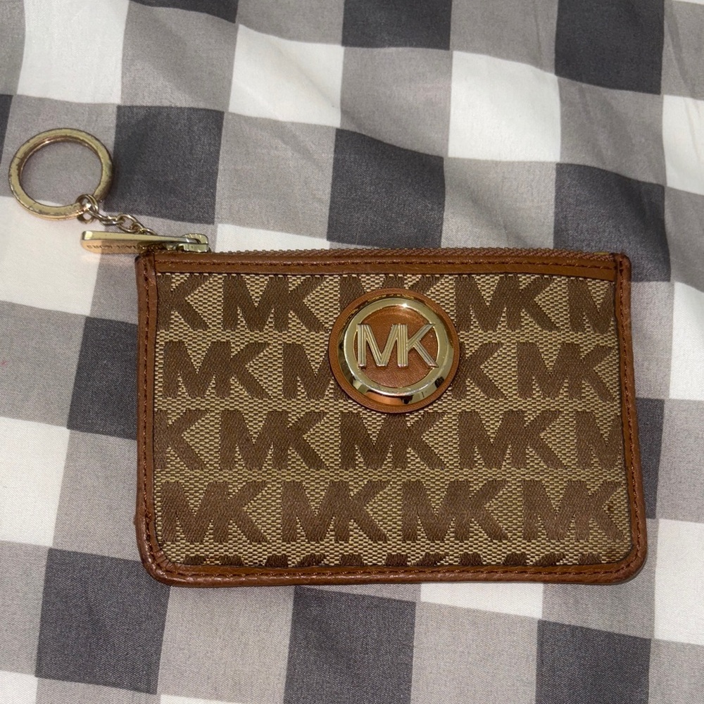 Michael Kors Tan and Brown Monogram Keychain Pouch
